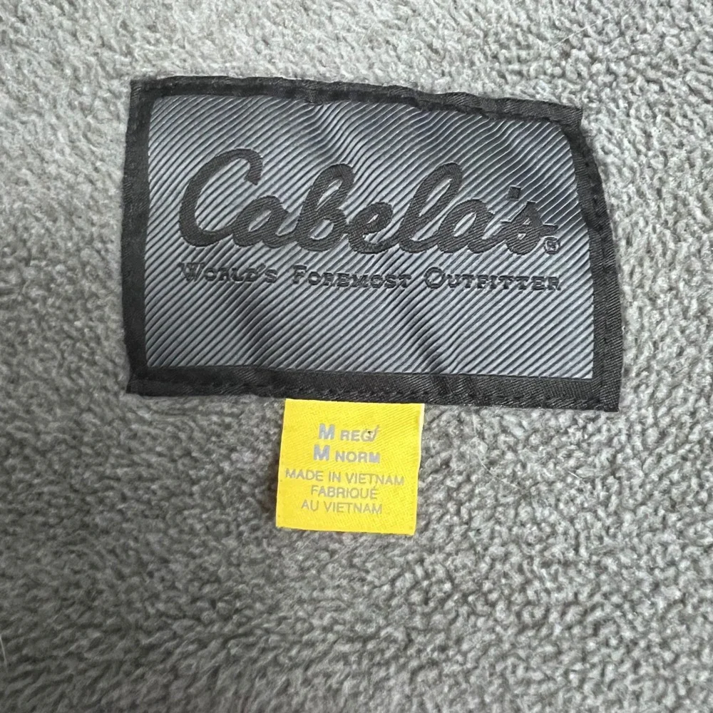 Cabelas Mens Fleece Vest Gray Navy Blue Full Zip Outdoor Pockets Size M Gorpcore